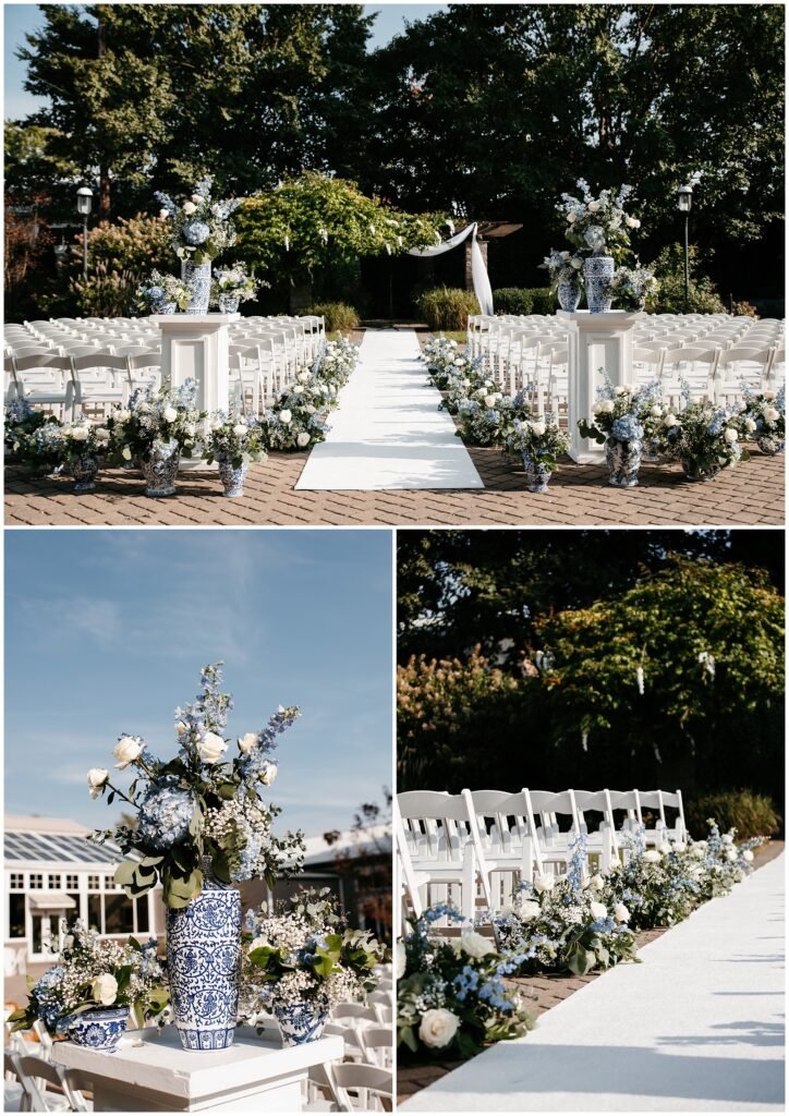 NJ The Conservatory at Sussex County Fairground Wedding Ceremony, Blue and White Wedding Florals, Photography by Sydney Madison Creative