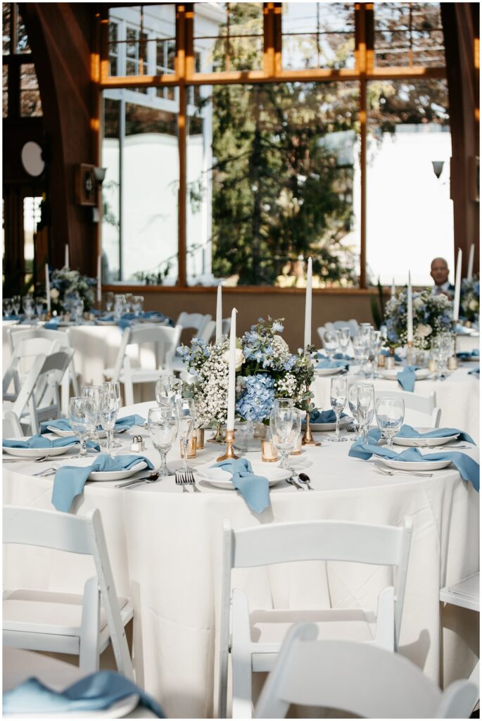 The Conservatory at Sussex Wedding Reception NJ by Sydney Madison Creative, Blue & White Decor