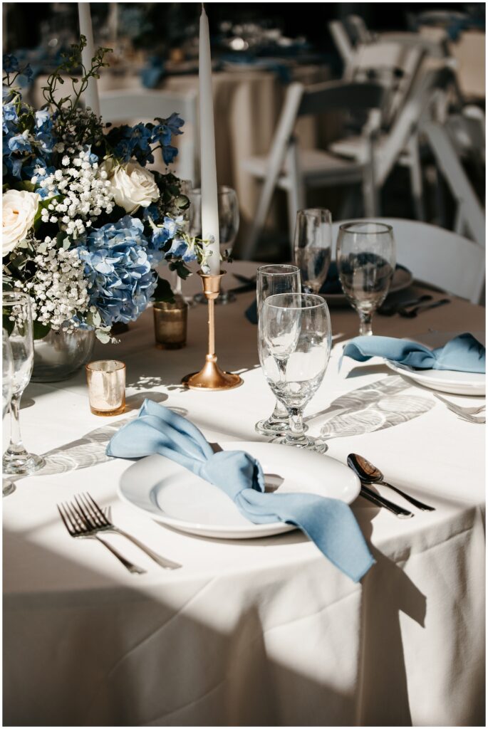 The Conservatory at Sussex Wedding Reception NJ by Sydney Madison Creative, Blue & White Theme