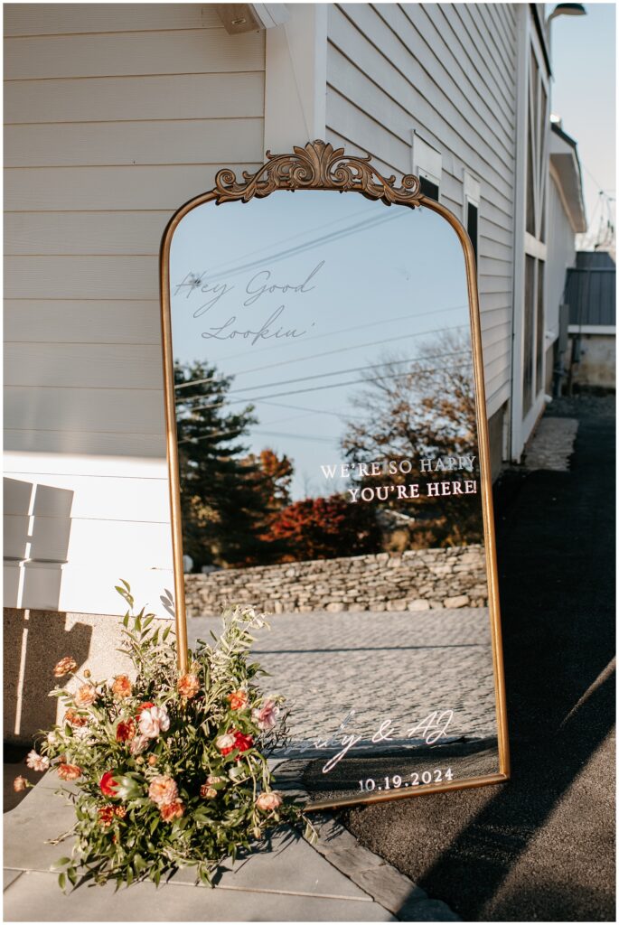 Mirror Welcome Sign from The Farm at Glenwood Mountain Wedding Reception - Photos by Sydney Madison Creative